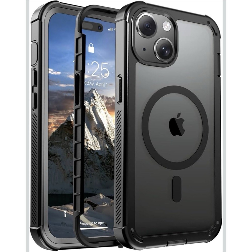 D0051-iPhone 15 Case MagSafe Compatible Shockproof Rugged Black 6.1 Inch Cover